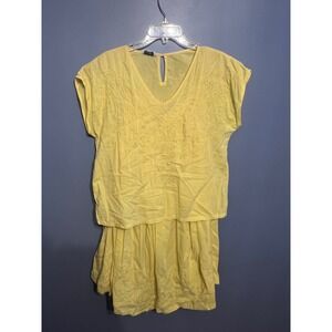 Vintage Women's 2 Piece Skirt Set Yellow Floral Beaded Tunic Top SZ LG India EUC